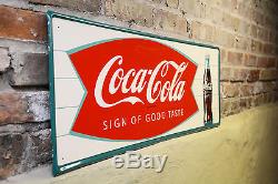 Vintage 1960s Coca Cola Fishtail Soda Pop Bottle 32 Metal Sign Great Condition