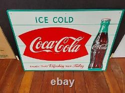 Vintage 1962 Coca Cola Fishtail Tin Advertising Sign Coke Collectable