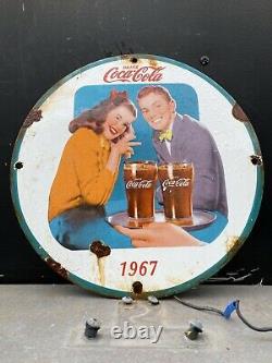 Vintage 1967 Coca-Cola Porcelain Sign Gas Oil Diner Metal 12 Table Service Coke