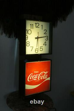 Vintage 1970s Coca Cola Illuminated Electric Wall Clock Sign Wood Grain Light Up