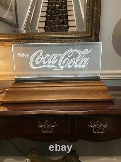 Vintage 1980's Lucite Coca-Cola Light-Up Sign W CUSTOM WALNUT BASE