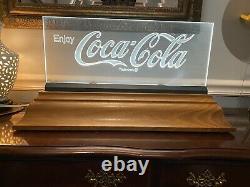 Vintage 1980's Lucite Coca-Cola Light-Up Sign W CUSTOM WALNUT BASE