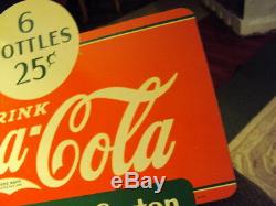 Vintage 2-Sided Drink Coca-Cola 6 Bottles 25 Cents Metal Rack Sign 1937 13 x 10