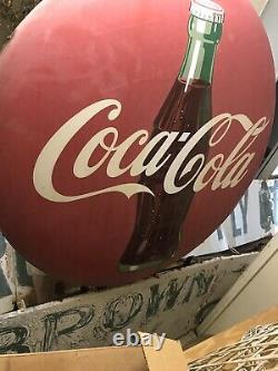 Vintage 48 1950s Coca-Cola Button Sign With Coke Bottle & Mounting Brackets