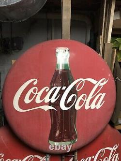 Vintage 48 1950s Coca-Cola Button Sign With Coke Bottle & Mounting Brackets
