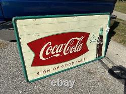 Vintage 55 Coca Cola soda Pop Fishtail Metal Advertising Sign Gas Oil