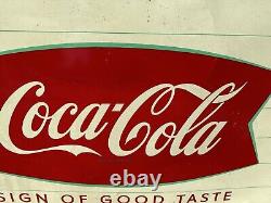 Vintage 55 Coca Cola soda Pop Fishtail Metal Advertising Sign Gas Oil