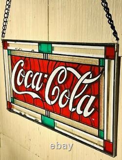 Vintage 90's Coca Cola Hanging Stained Glass Sign 24in X 16in