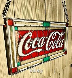 Vintage 90's Coca Cola Hanging Stained Glass Sign 24in X 16in