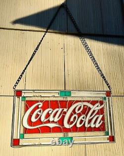 Vintage 90's Coca Cola Hanging Stained Glass Sign 24in X 16in