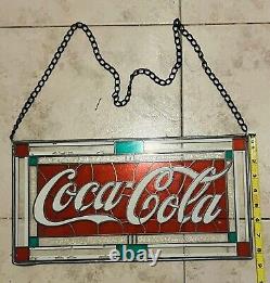 Vintage 90's Coca Cola Hanging Stained Glass Sign 24in X 16in