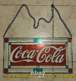 Vintage 90's Coca Cola Hanging Stained Glass Sign 24in X 16in
