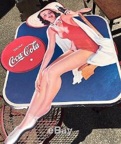 Vintage COCA COLA Girl Bathing Suit Cardboard Cut Out Advertising Sign 1940