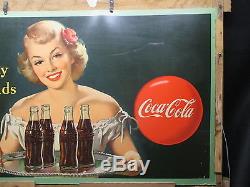 Vintage Coca Cola 2-Sided 1950 Cardboard Sign RARE Original Frame No Reserve