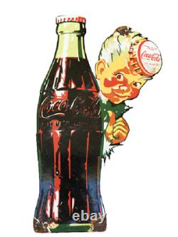 Vintage Coca Cola Bottle Sprite Boy Metal Enamel Gas Station Deco 12 Sign Used