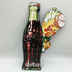 Vintage Coca Cola Bottle Sprite Boy Metal Enamel Gas Station Deco Sign 12 Used