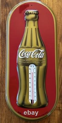 Vintage Coca-Cola Bottle Thermometer Sign Red & Gold