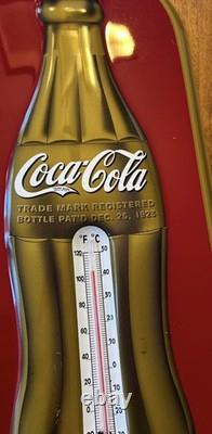 Vintage Coca-Cola Bottle Thermometer Sign Red & Gold