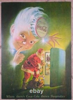 Vintage Coca Cola Coke Cardboard Sign Poster Sprite Boy Santa Original Nice