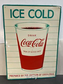 Vintage Coca Cola Coke Ice Cold Cup Tin Advertising Sign Fishtail Era