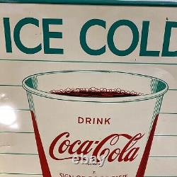 Vintage Coca Cola Coke Ice Cold Cup Tin Advertising Sign Fishtail Era