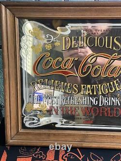 Vintage Coca-Cola Delicious 5 cent Relieves Fatigue Sign Mirror Wood 21 x 15