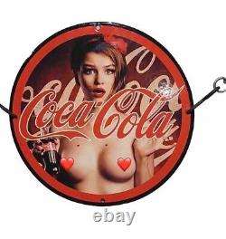 Vintage Coca Cola Drink Porcelain Pinup Girl Naked Gas Oil Soda Beverage Ad Sign