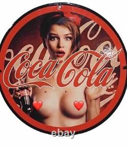 Vintage Coca Cola Drink Porcelain Pinup Girl Naked Gas Oil Soda Beverage Ad Sign