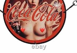 Vintage Coca Cola Drink Porcelain Pinup Girl Naked Gas Oil Soda Beverage Ad Sign