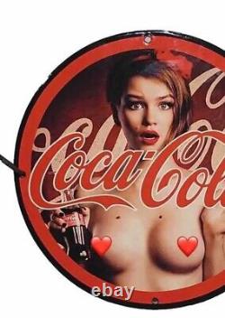 Vintage Coca Cola Drink Porcelain Pinup Girl Naked Gas Oil Soda Beverage Ad Sign