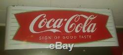 Vintage Coca Cola Fishtail Porcelain Sled Sign 44 x 16 Very Clean