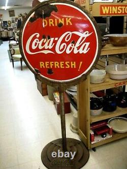 Vintage Coca-Cola Lollie Pop Sign Porcelain with Cast Iron Base