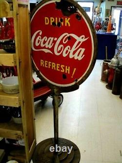 Vintage Coca-Cola Lollie Pop Sign Porcelain with Cast Iron Base