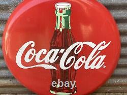 Vintage Coca Cola Metal Sign Coke Bottle Button Sign Soda Pop Beverage 12 Inch
