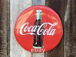Vintage Coca Cola Metal Sign Coke Bottle Button Sign Soda Pop Beverage 20 Inch