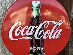 Vintage Coca Cola Metal Sign Coke Bottle Button Sign Soda Pop Beverage 20 Inch