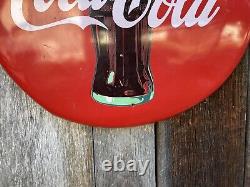 Vintage Coca Cola Metal Sign Coke Bottle Button Sign Soda Pop Beverage 20 Inch