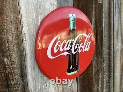 Vintage Coca Cola Metal Sign Coke Bottle Button Sign Soda Pop Beverage 20 Inch