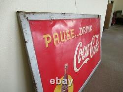 Vintage Coca Cola Pause. Drink Coca Cola Embossed Meal Sign (6-1947) 56 x 32