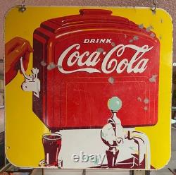 Vintage Coca Cola Porcelain 2-sided Metal Sign with Red Dispenser