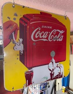 Vintage Coca Cola Porcelain 2-sided Metal Sign with Red Dispenser
