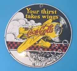 Vintage Coca Cola Porcelain Airplane Gas Soda Beverage Service Pump Plate Sign
