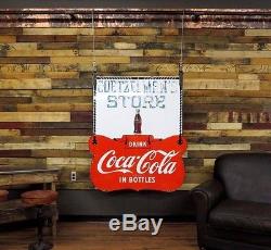 Vintage Coca Cola Porcelain Coke Sign With BOTTLE & bracket Soda Gas Oil Station