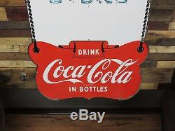 Vintage Coca Cola Porcelain Coke Sign With BOTTLE & bracket Soda Gas Oil Station