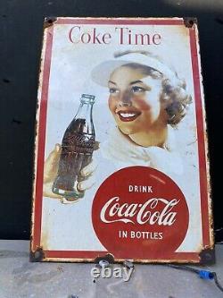Vintage Coca Cola Porcelain Coke Time Fountain Diner Restaurant Soda Gas Sign
