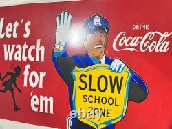 Vintage Coca Cola Porcelain Metal Sign Slow School Zone Officer Enamel 20 x 13