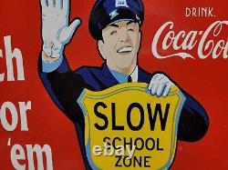 Vintage Coca Cola Porcelain Sign 1959 Soda Pop Beverage Coke School Zone Guard