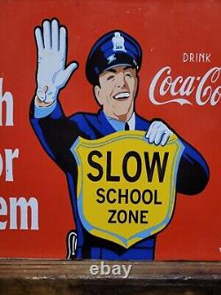 Vintage Coca Cola Porcelain Sign 1959 Soda Pop Beverage Coke School Zone Guard