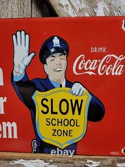 Vintage Coca Cola Porcelain Sign 1959 Soda Pop Beverage Coke School Zone Guard