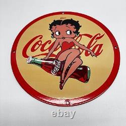 Vintage Coca Cola Porcelain Sign Betty Boop Soda Fountian Service Station